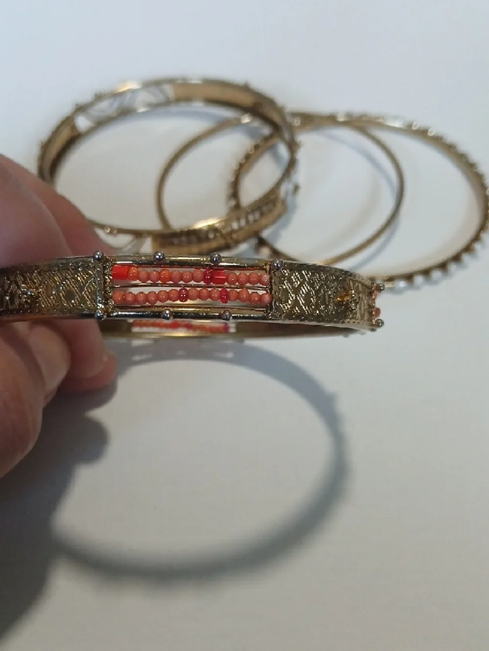Boho Festival Gold-Tone Women's Bangle Bracelet Set with Coral & White Accents